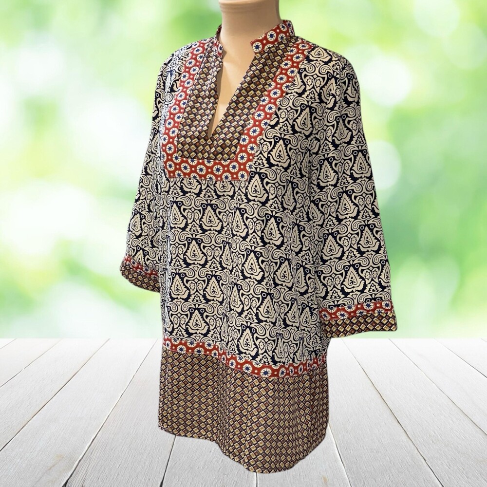 THML Patchwork Tunic Top Silky Boho Medallion Mixed Print V Neck 3/4 Sleeve Sz M